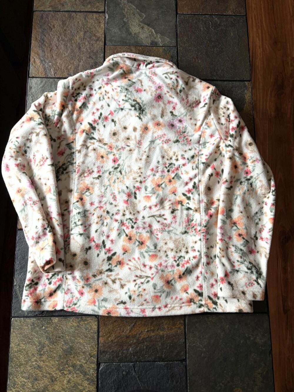 Lands' End floral fleece jacket full zip cream colored size medium petite - Picture 9 of 9